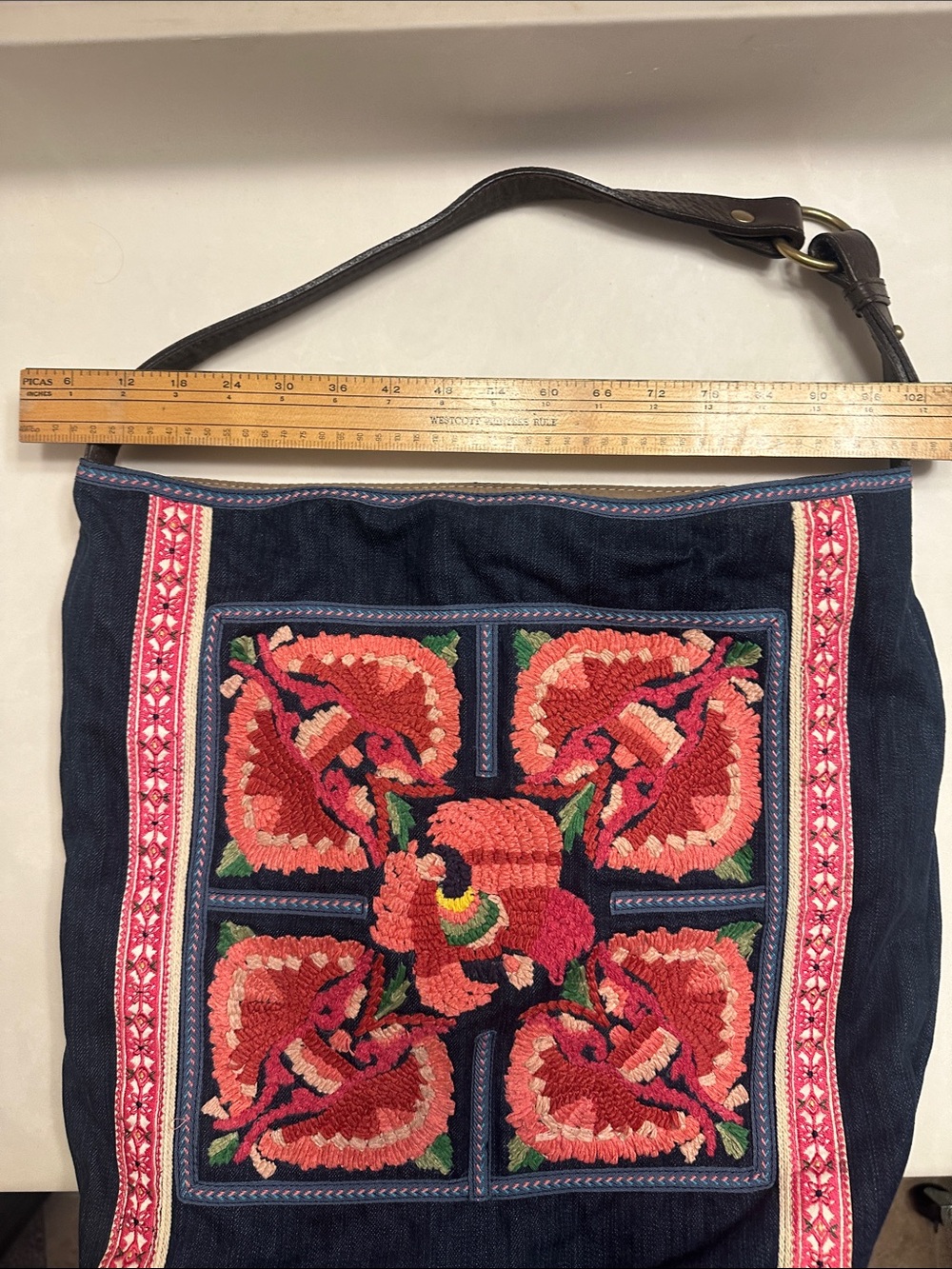 Lucky Brand Navy Canvas Hobo with Pink and Coral Embroidered Floral Panel - Picture 4 of 7